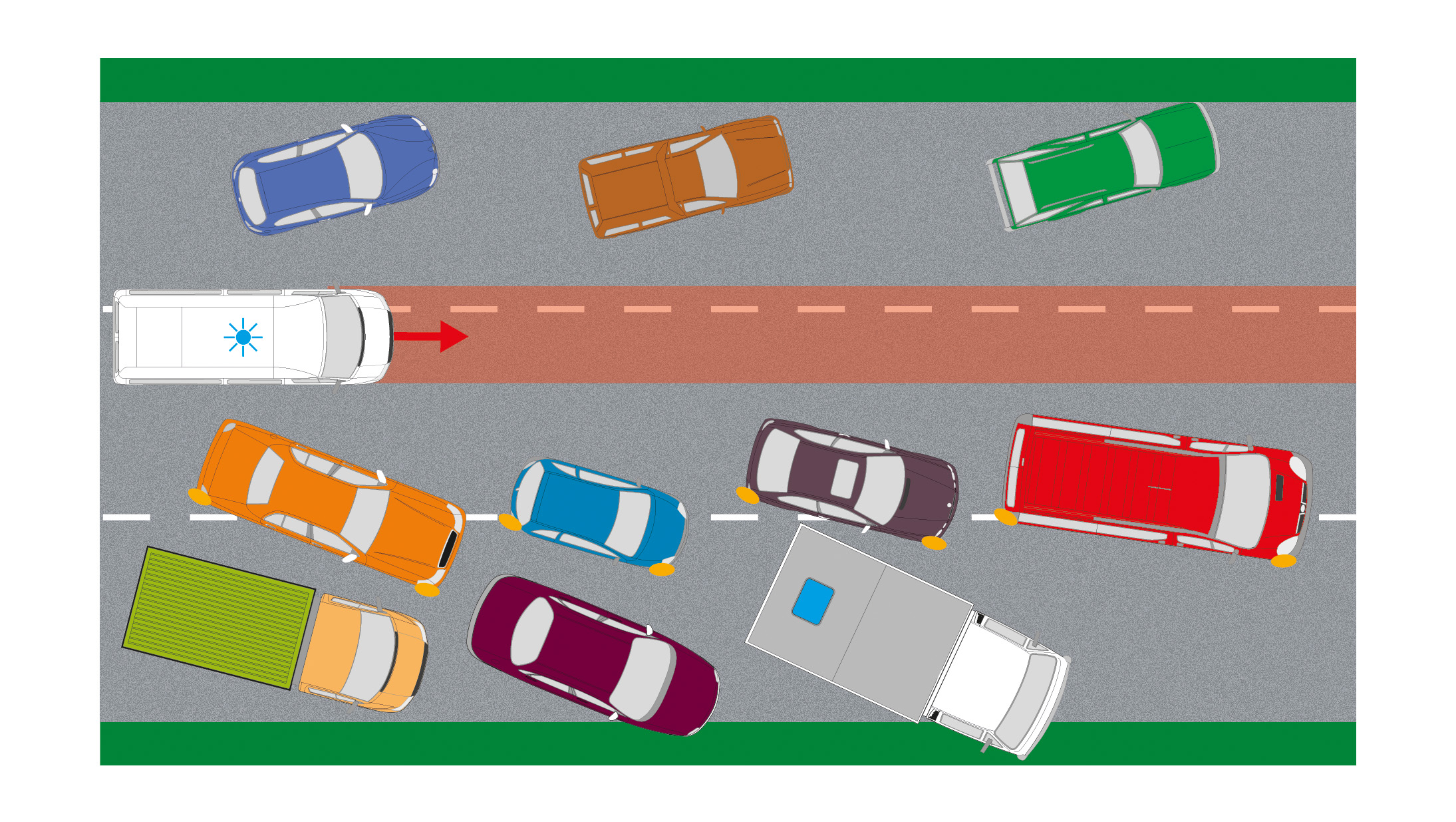 In this situation, is it allowed to drive any vehicle directly behind the emergency vehicle?